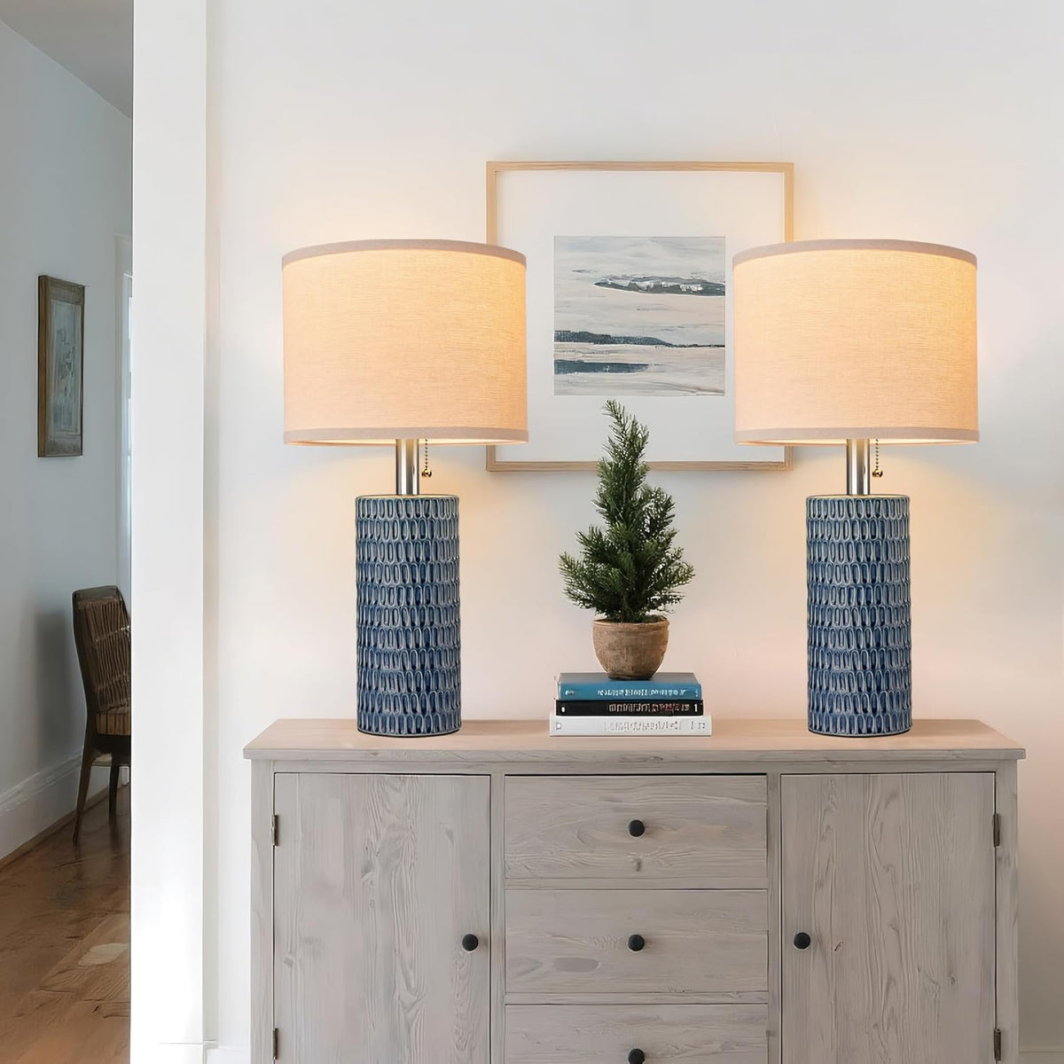 Reaketon 20.5”Modern Ceramic Table Lamps for Bedroom Set of 2, Dark Blue