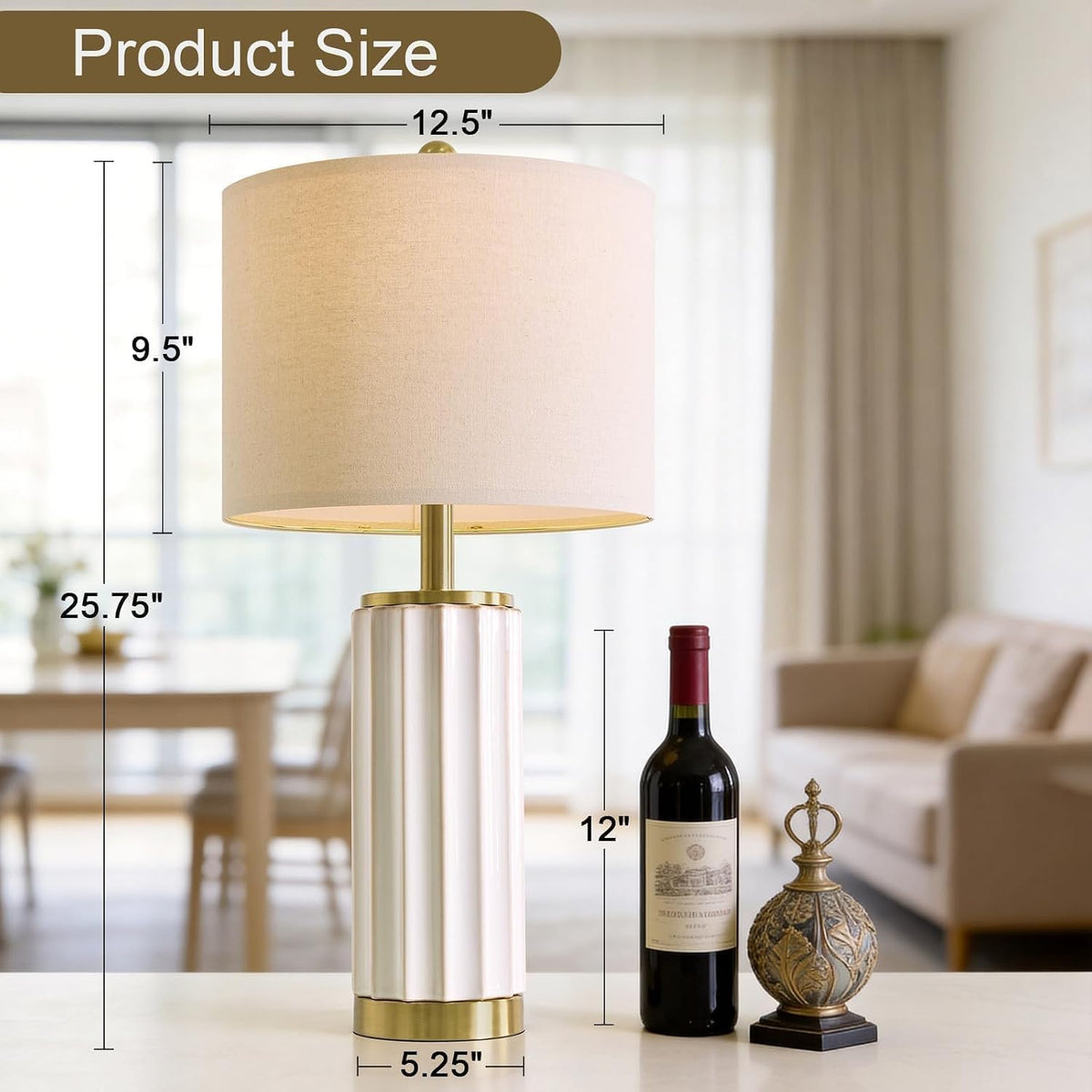 USumkky 25.75" Off-White Ceramic Table Lamp Set of 2, Mid Century Modern Bedside Nightstand Lamps for Bedroom Living Room, Linen Shade & Gold Metal Base, Rotary Switch E26 (Bulbs Excluded)