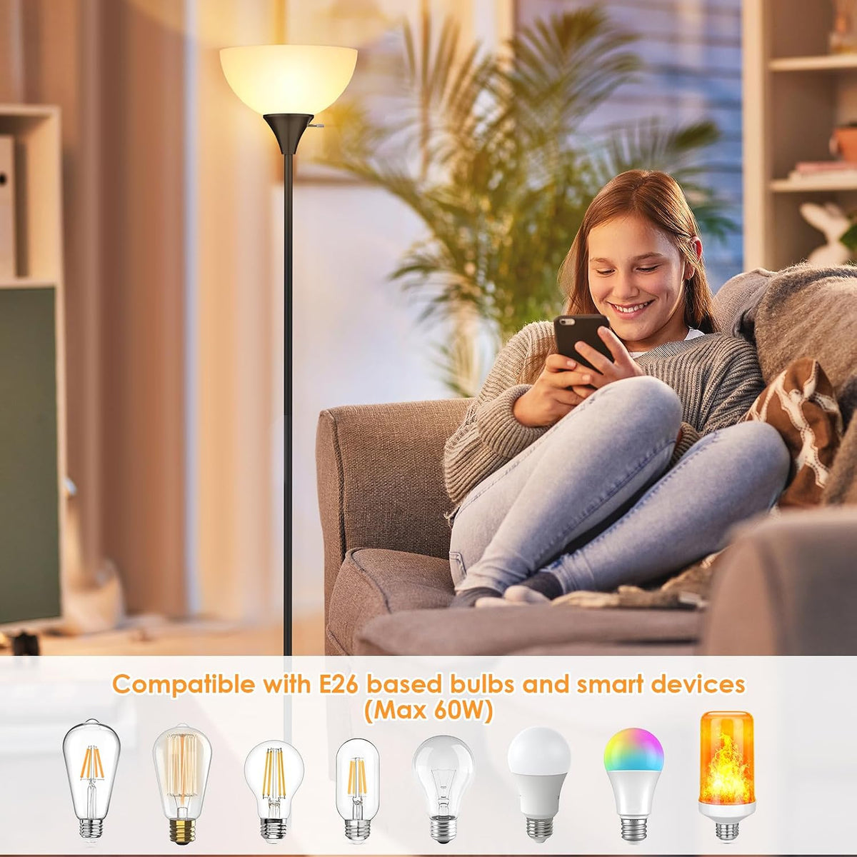Coucrek Floor Lamp, LED Standing Lamps with White Plastic Shade, Black Modern Torchiere Floor Lamp, Tall Lamps for Living Room Dorm, Bulb not Included