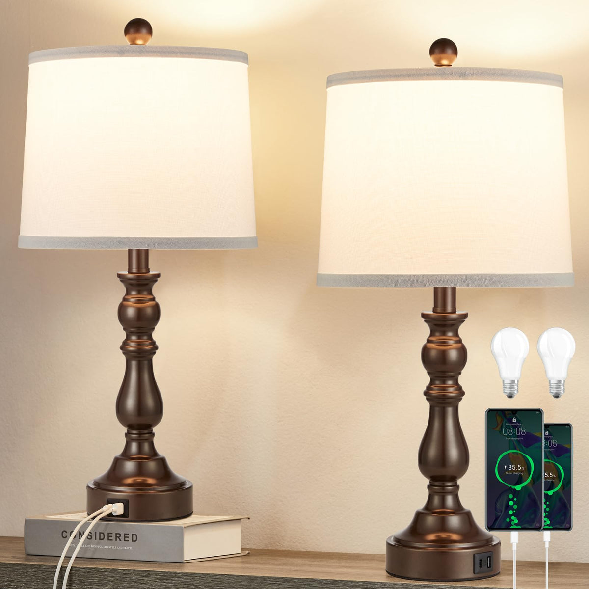 23'' Table Lamps Set of 2, Lamps for Bedroom, USB C+A Ports, Beige