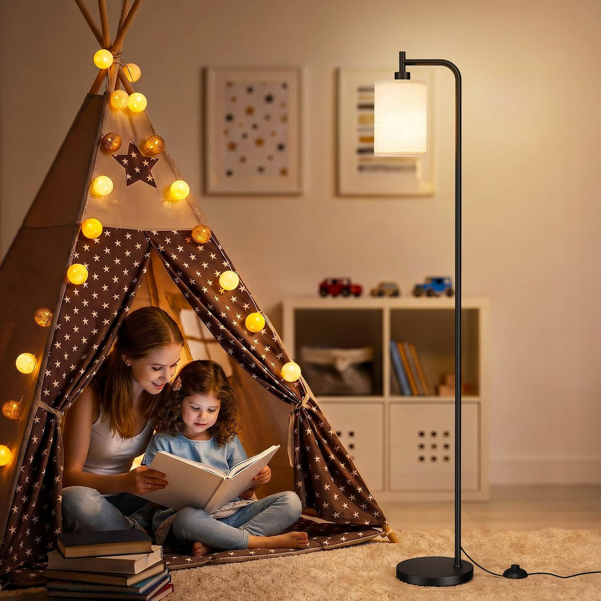 Ziisee 64" Floor Lamp with Remote Control, Dimmable Tall Standing Lamps for Living Room Bedroom Office Corner, 9W LED Bulb Included, Foot Pedal Switch, Beige Shade Black Pole