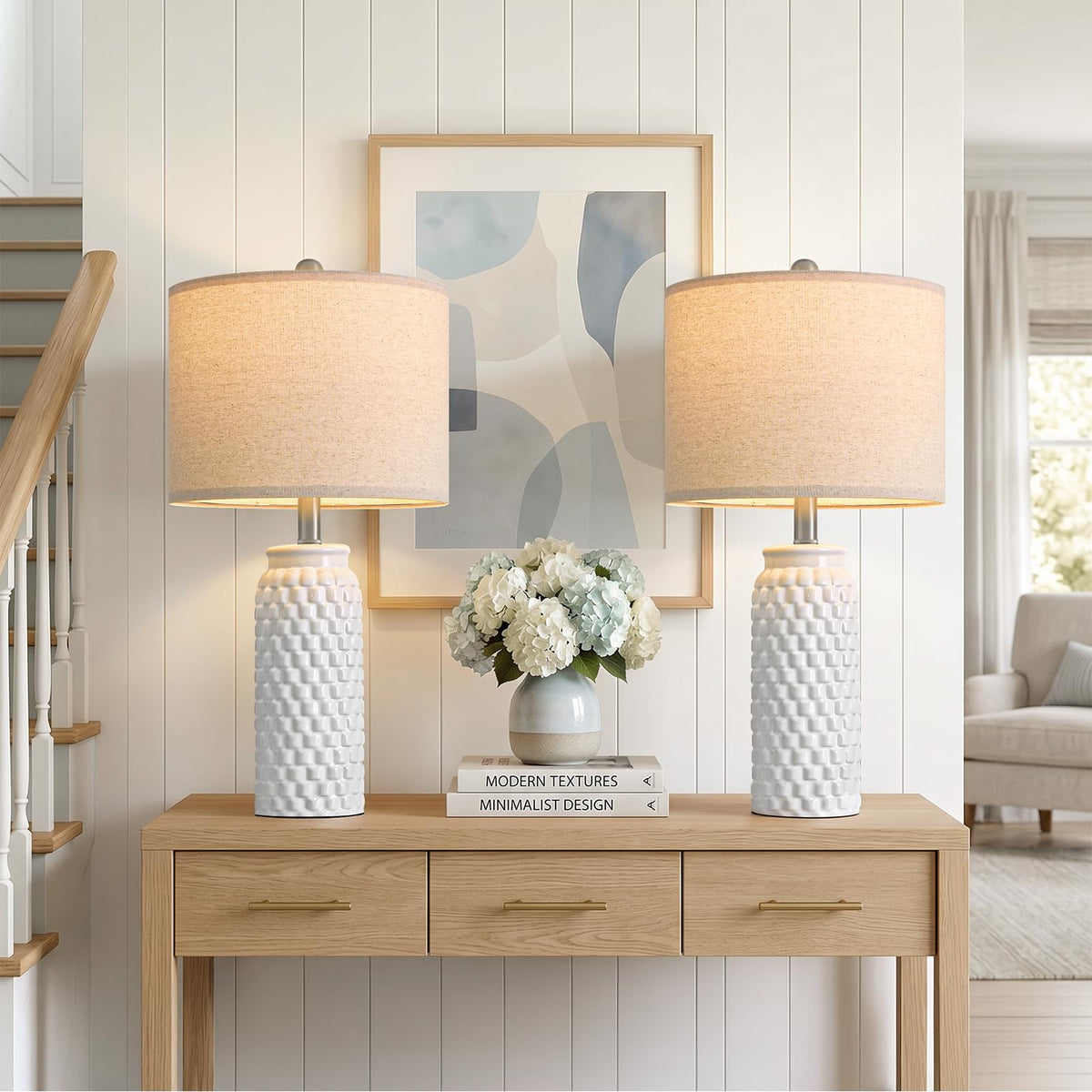 USumkky 20.5" White Modern Ceramic Bedside Lamps Set of 2, Small Table Lamp for Bedroom Decor Farmhouse Nightstand Lamp for Living Room Office