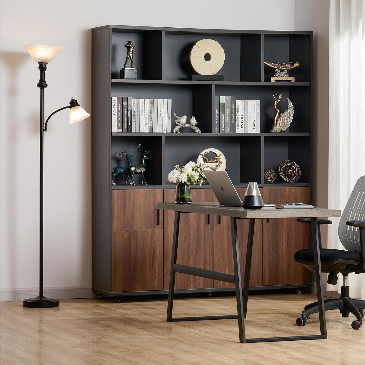 Torchiere Floor Lamp with Adjustable Angle Reading Lamp-Black 71IN