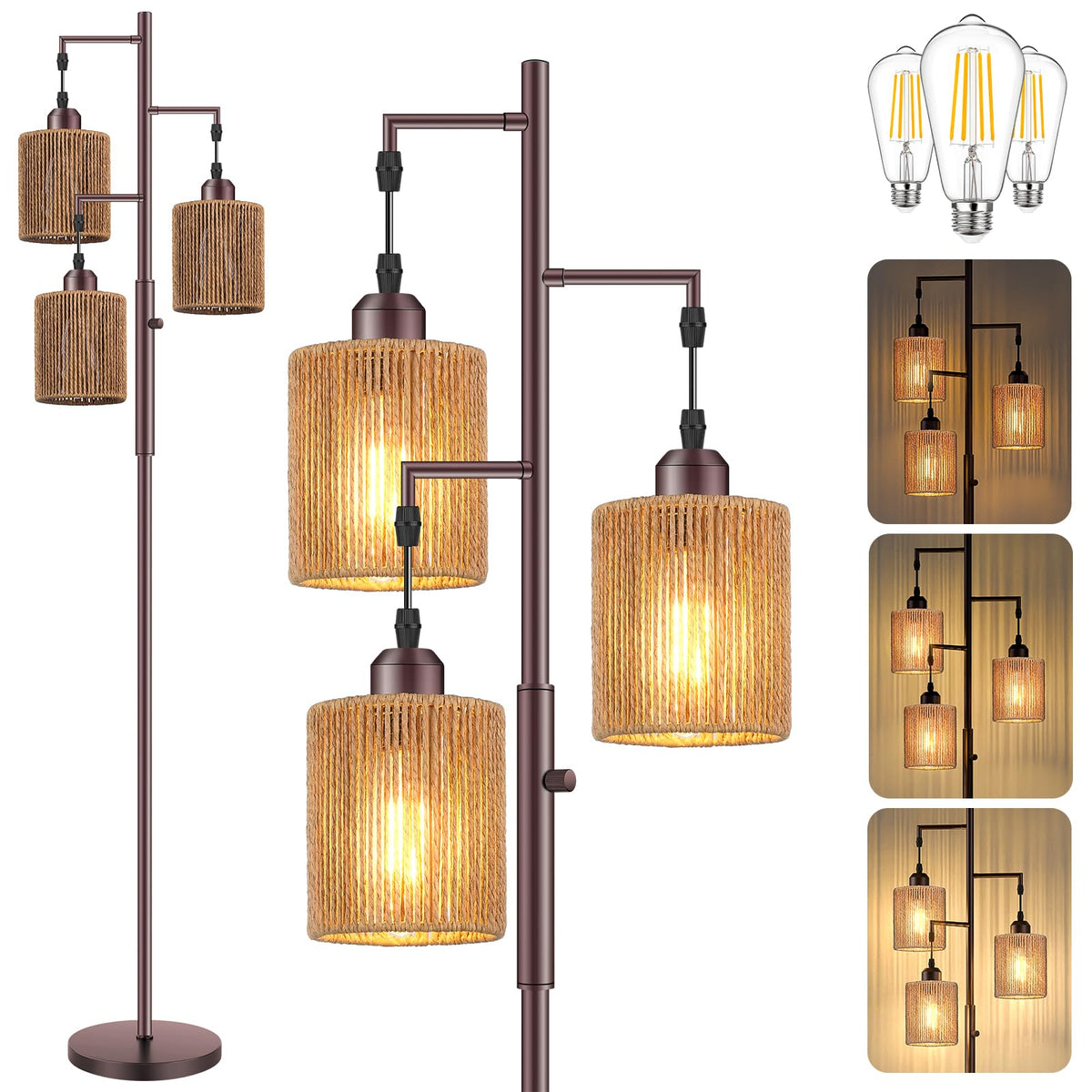 Hotsonic 72" Boho Rattan Tree Floor Lamp, Tall Dimmable Industrial Standing Lamp, Corner Decor Accent Lighting for Living Room, Bedroom, Dining Room, Nursery, Cafe (3 x 800LM Bulbs Included) - Black
