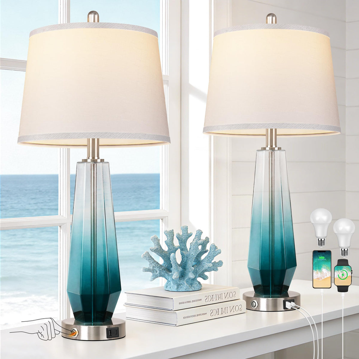 Table Lamps Set of 2 with Touch Control, Modern Glass Bedside Lamps with USB A+C Ports, 3-Way Dimmable Nightstand Lamp with White Fabric Shade, 27.5" Large Lamps for Living Room Bedrooms Decorations