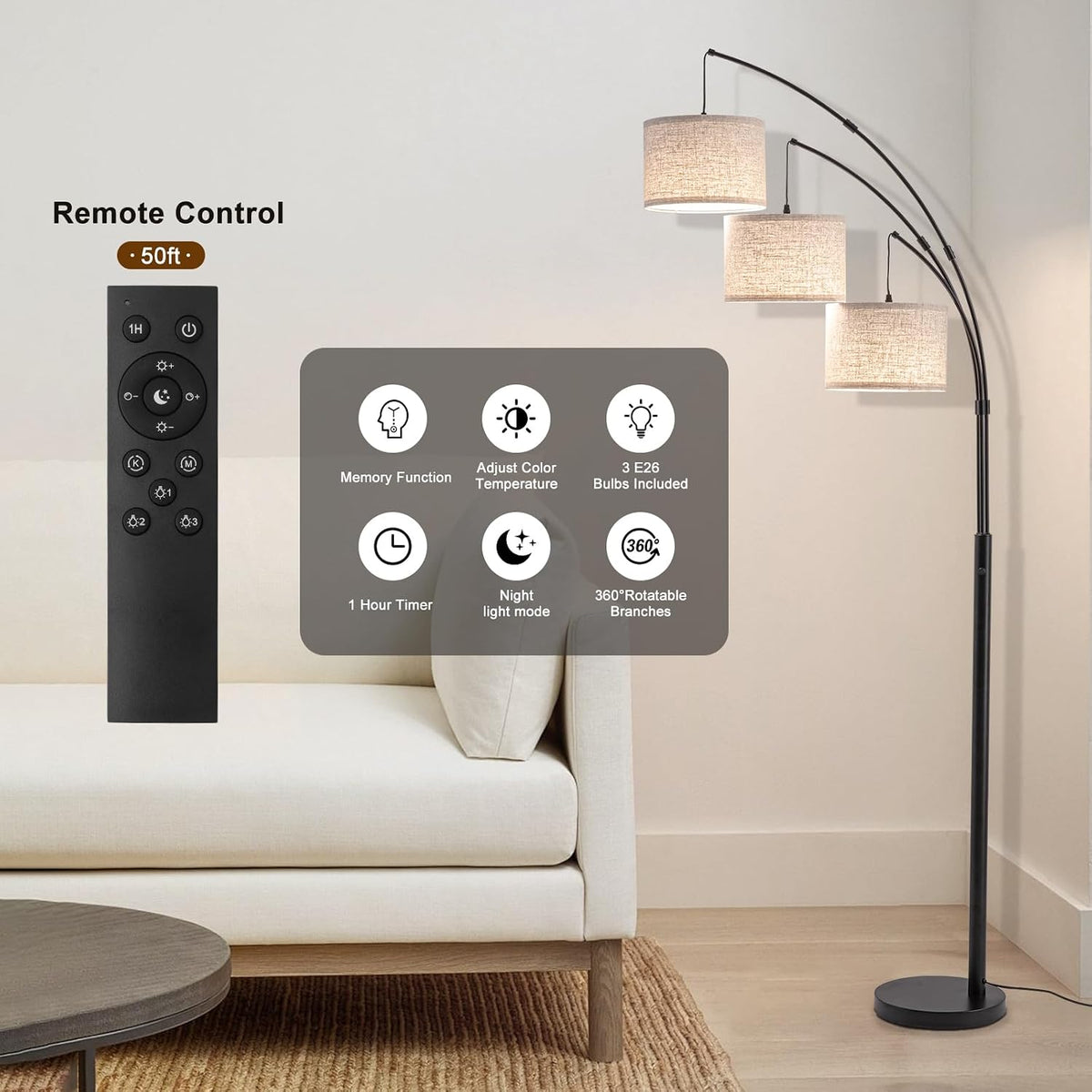 3 Light Arc Floor Lamp with Remote, Beige Shade Black Pole