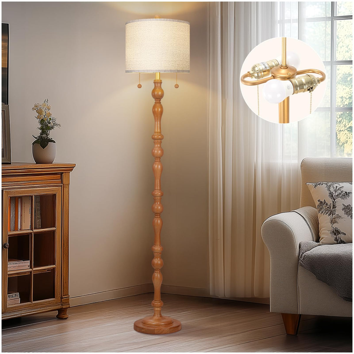 Scenekoy 65.5" Natural Real Wood Boho Floor Lamp for Living Room Bedroom