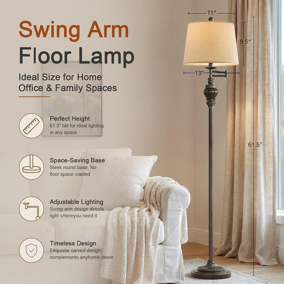 Vintage Floor Lamp with 350° Adjustable Swing Arm 61" Lamps for Living Room