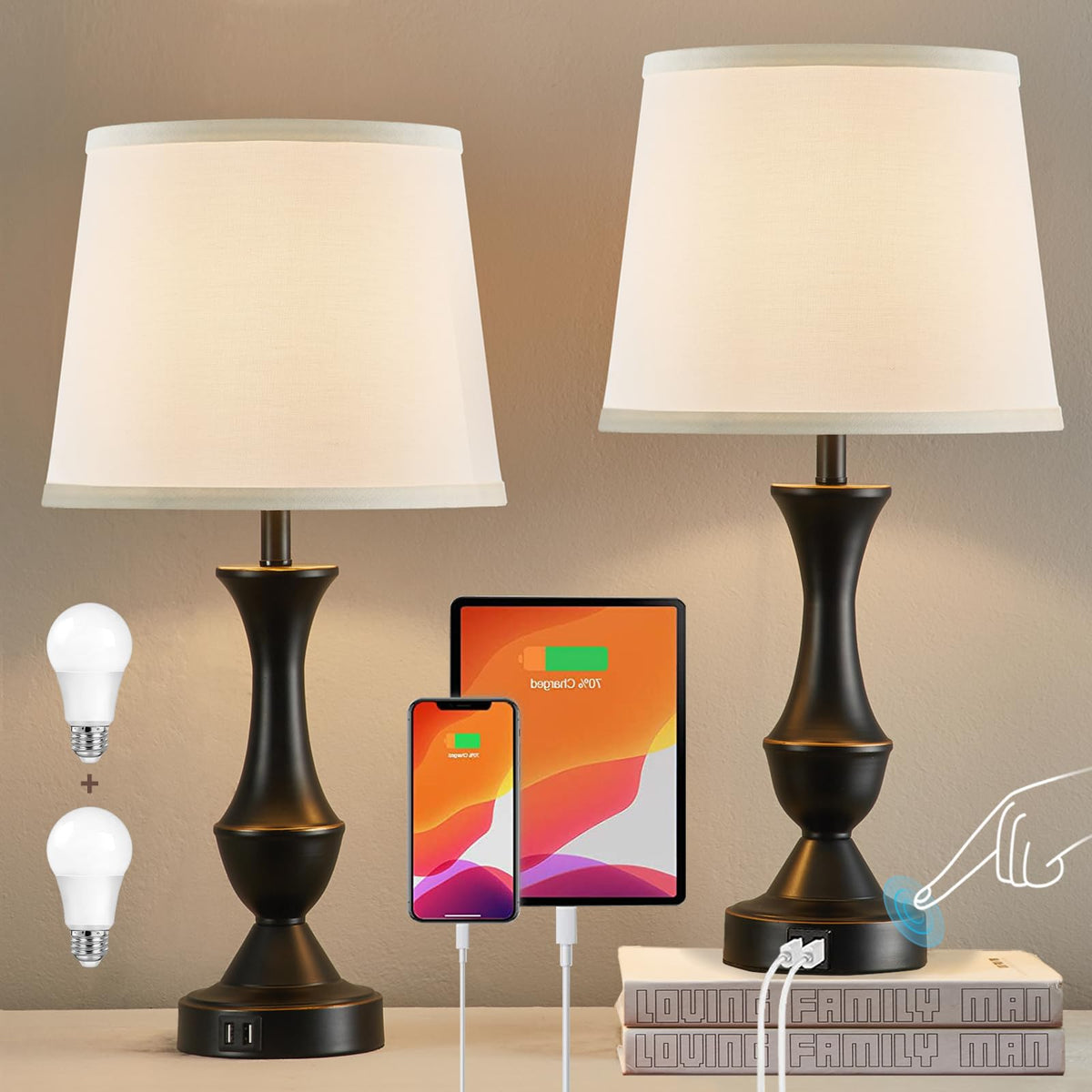 Luvkczc Upgraded Touch Table Lamps Set of 2, 22" Tall Bedside Lamps