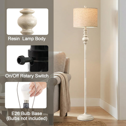 BOBOMOMO 64.25" Farmhouse Floor Lamp for Living Room, Tall Antique White Standing Lamp with Rotary Switch, Vintage Reading Lamp for Bedroom & Nursery, Rustic Home Decor Corner Lamp