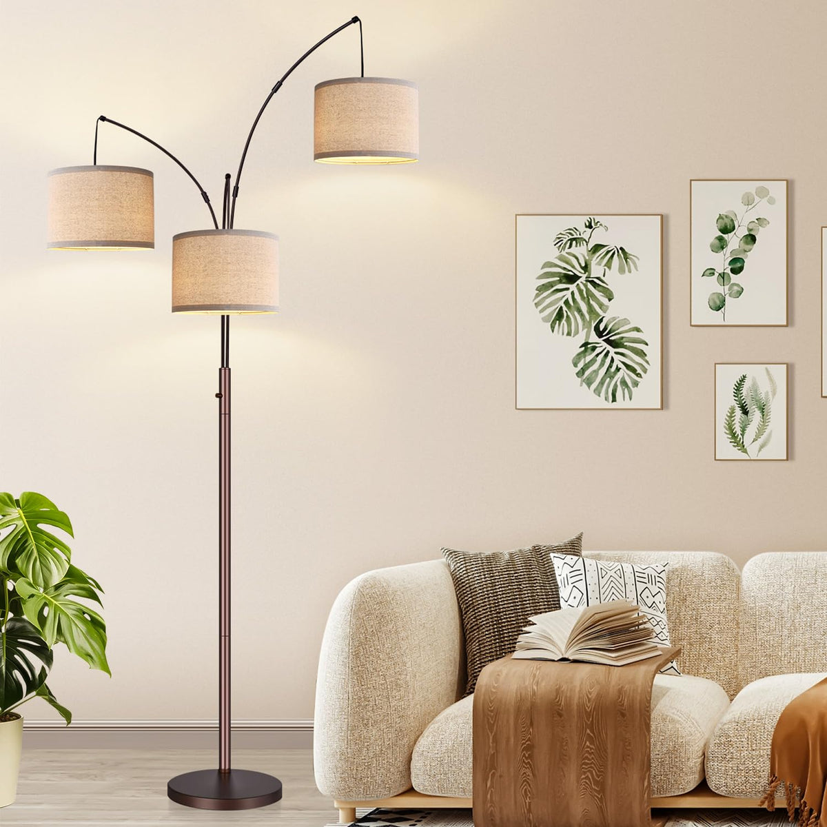 Dimmable Floor Lamp, 3 Lights Black Arc Floor Lamp, Modern Tall Standing Tree Lamp with Grey Linen Shades & Heavy Base, 3000LM LED Bulbs, Bright Lighting for Living Room, Bedroom, Office & Reading