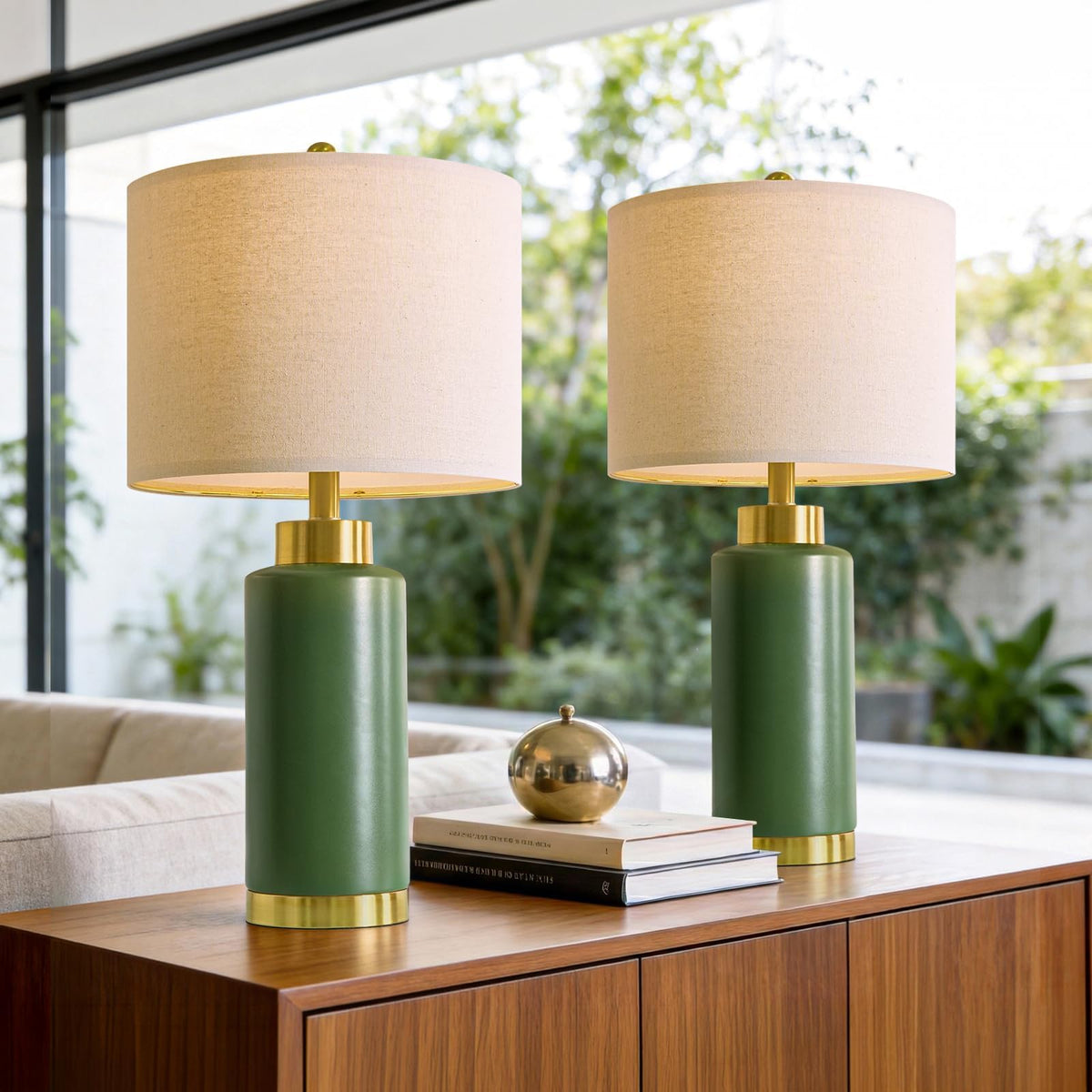 USumkky 25.75" Off-White Ceramic Table Lamp Set of 2, Mid Century Modern Bedside Nightstand Lamps for Bedroom Living Room, Linen Shade & Gold Metal Base, Rotary Switch E26 (Bulbs Excluded)