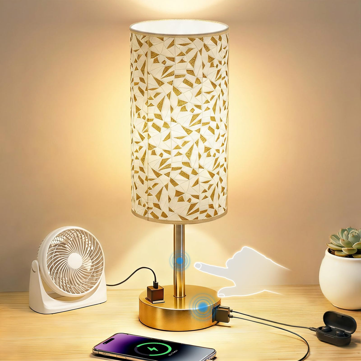 Table Lamp for Bedroom, High-Sensitivity Touch, AC Outlet, USB A+C