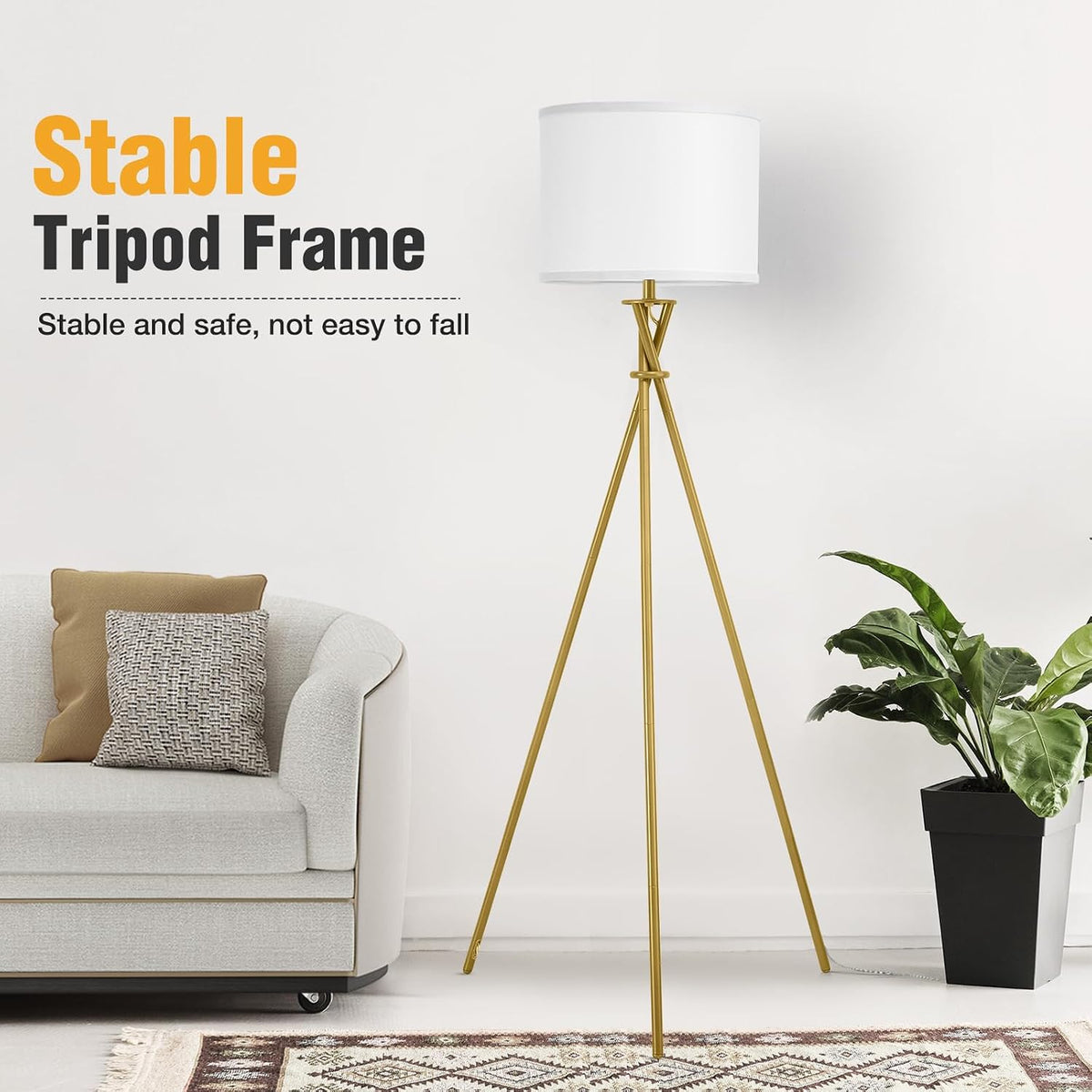 Gold Tripod Floor Lamp, 61” Floor Lamps for Living Room with Rotary Switch