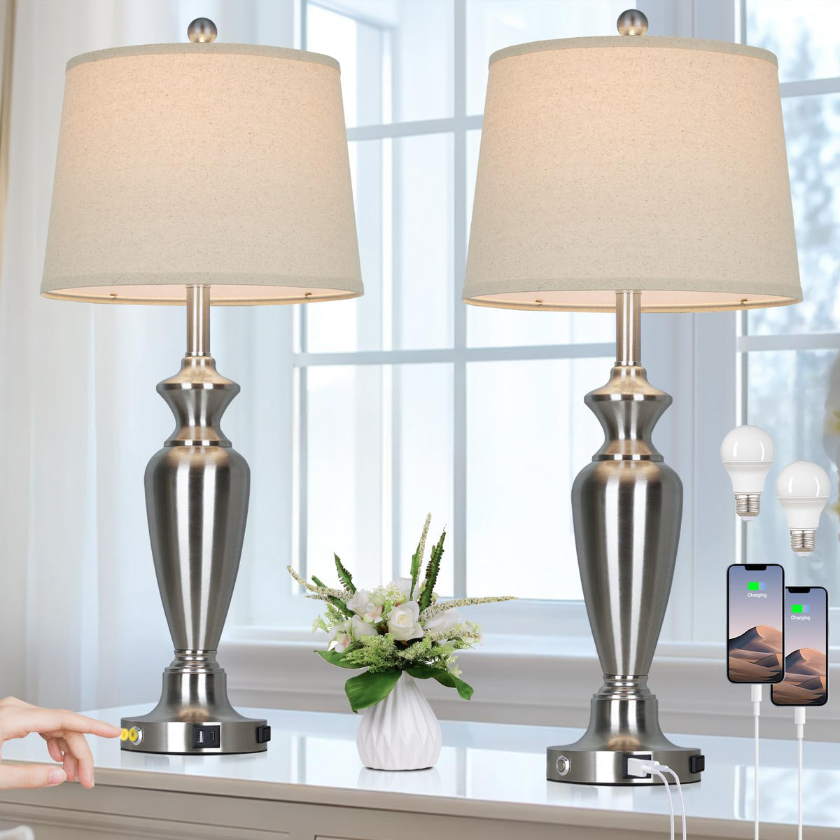 Cinyirong 30" Tall Table Lamps Set of 2, Touch Control Bedside Lamp with USB A+C Ports and AC Outlet, 3-Way Dimmable Modern Metal Nightstand Lamp for Bedroom Living Room, 2 LED Bulbs Included, Black