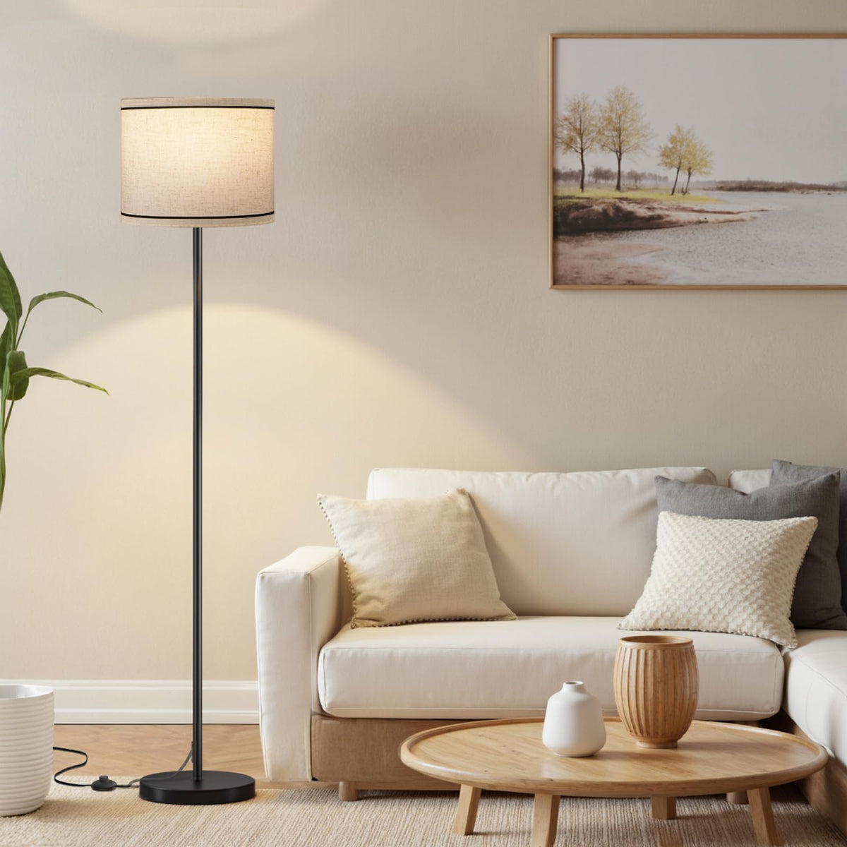Ambimall 60'' Modern Floor Lamp with Shade, Tall Lamps for Living Room, Bedroom, Office, Dining Room, Beige Shade with Brown Pole(Without Bulb)