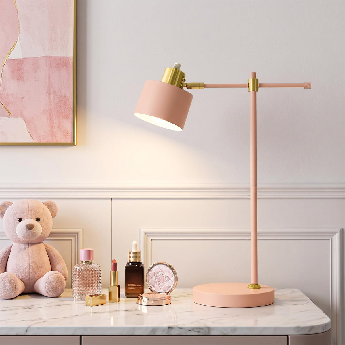 OYEARS 22.2" Modern Desk Lamp, Metal Table Lamp with LED Bulb, Adjustable Reading Lamps for Living Room, Mid Century Nightstand Lamp for Home Office, Industrial Bedside Lamps, Cream and Gold