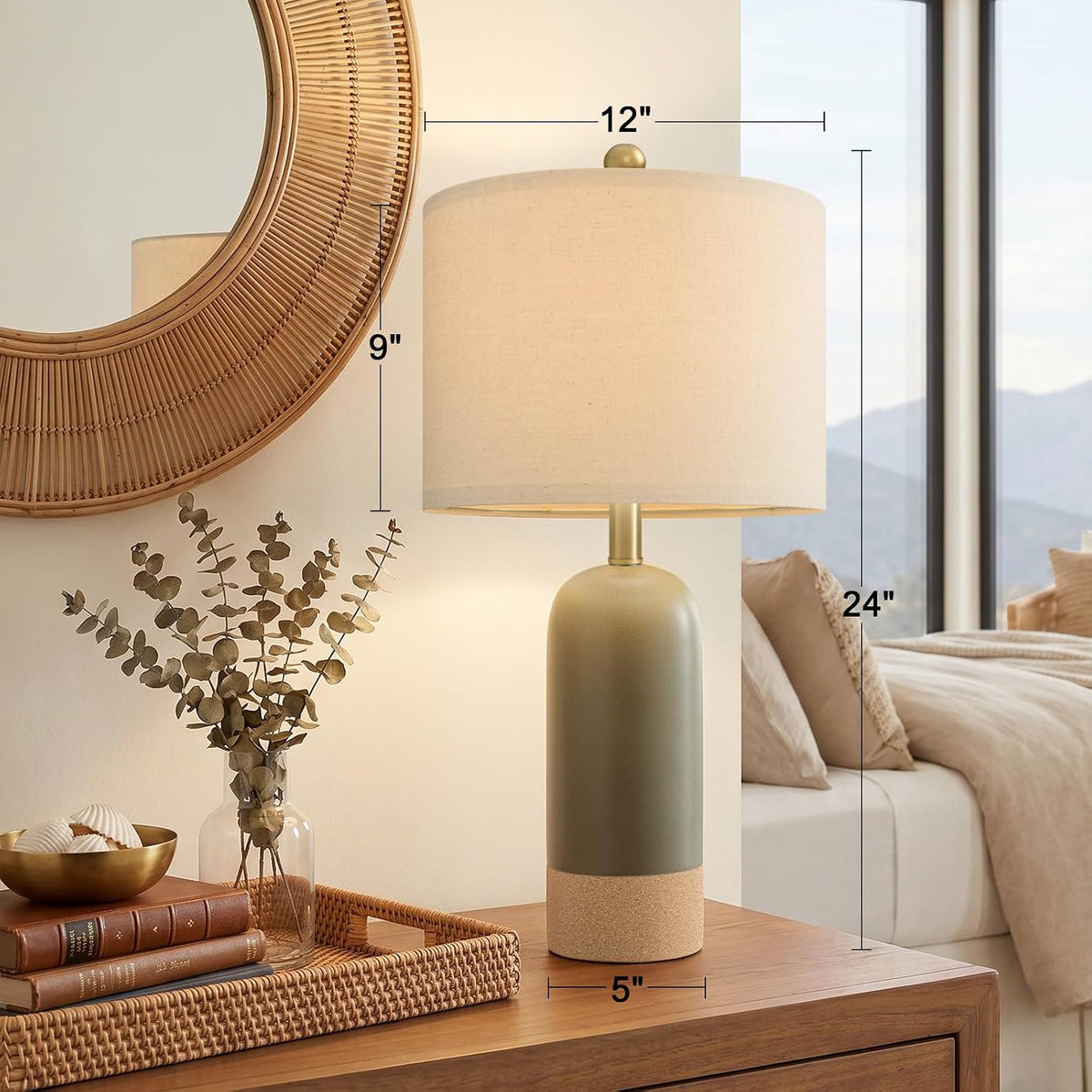 PoKat 24'' Hand-Textured Green Table Lamps, Farmhouse Bedside Lamp Set of 2