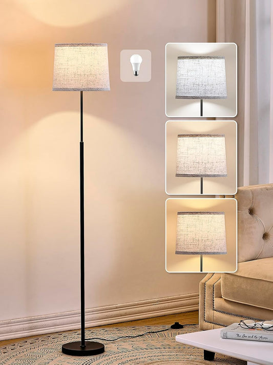60" Modern Floor Lamp with Linen Shade, 3 Color LED Bulb & Foot Switch