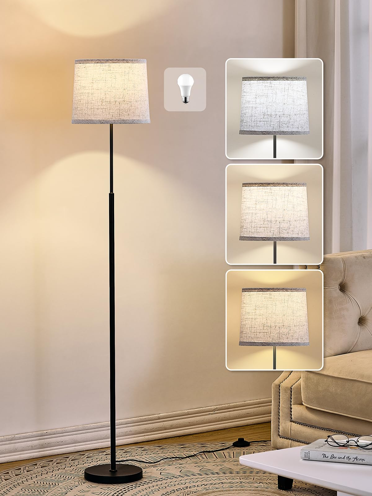 60" Modern Floor Lamp with Linen Shade, 3 Color LED Bulb & Foot Switch