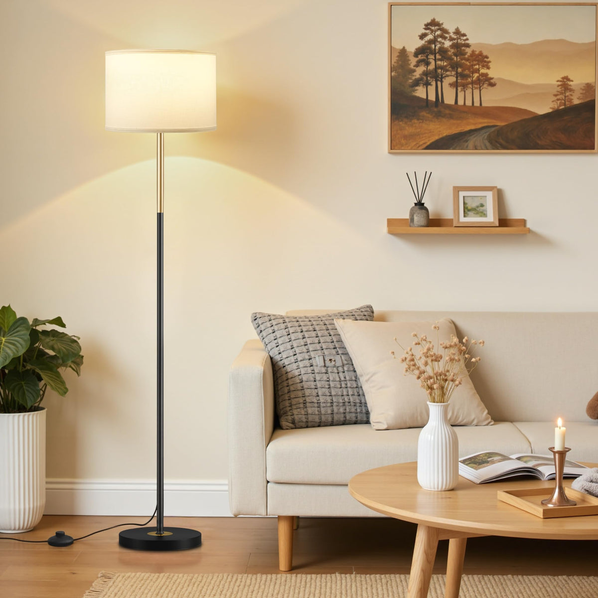 Ambimall 60'' Modern Floor Lamp with Shade, Tall Lamps for Living Room, Bedroom, Office, Dining Room, Beige Shade with Brown Pole(Without Bulb)