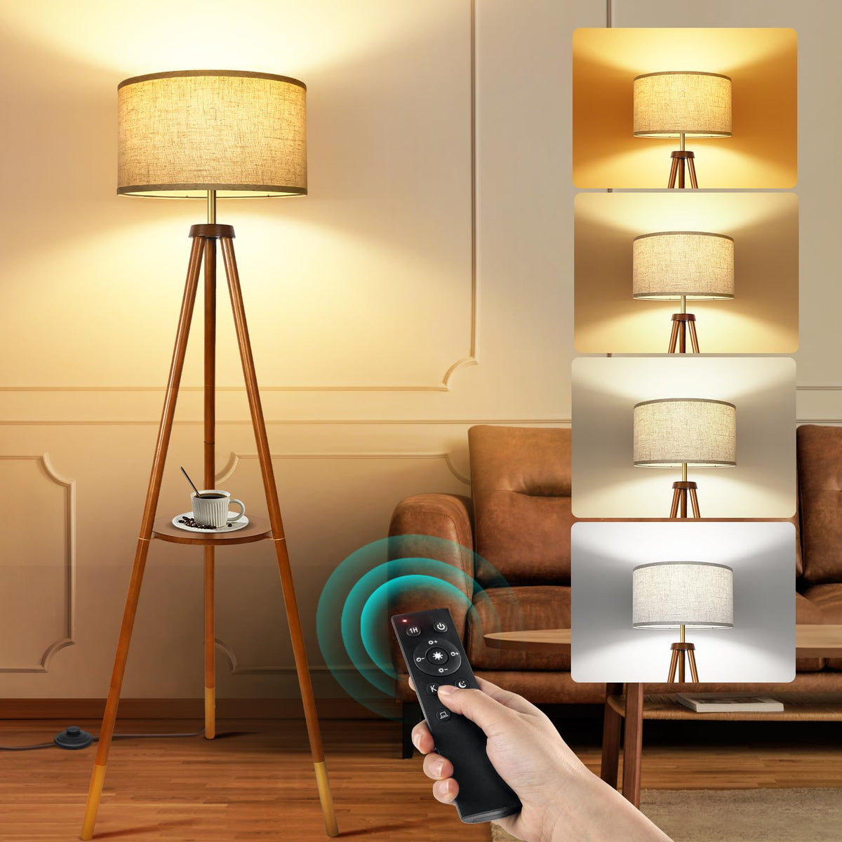 OUTON Wood Tripod Floor Lamp with Shelves, Mid Century Floor Lamp with Remote Control,4 Color Temperature, LED Modern Dimmable Standing Lamp with Beige Linen Shade for Living Room, Bedroom, Office