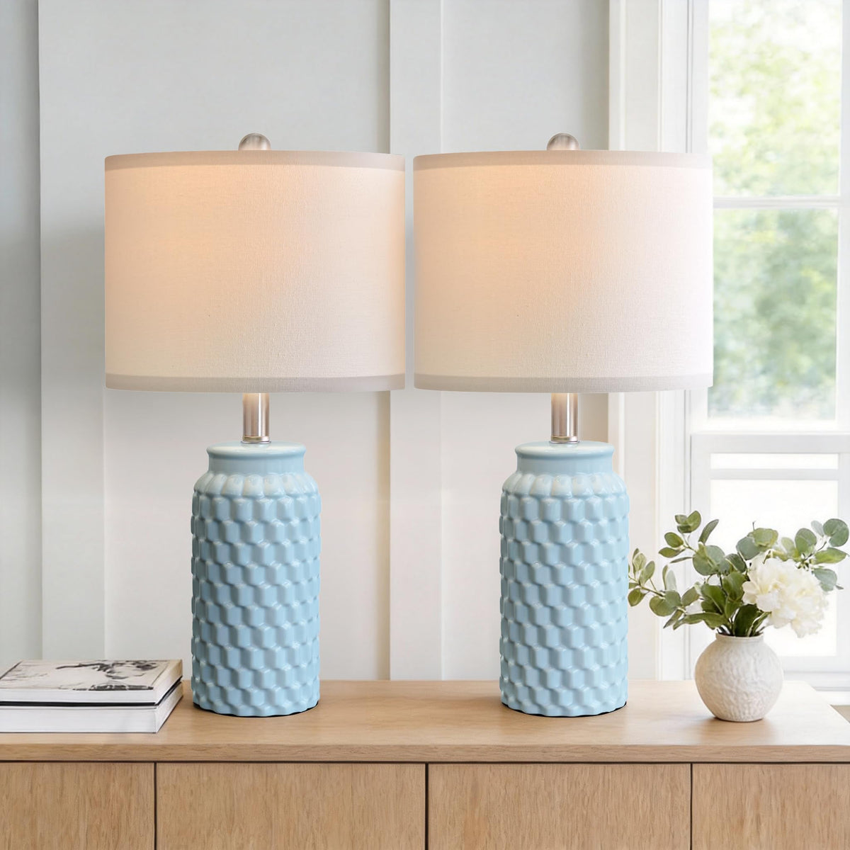 USumkky 20.5" White Modern Ceramic Bedside Lamps Set of 2, Small Table Lamp for Bedroom Decor Farmhouse Nightstand Lamp for Living Room Office