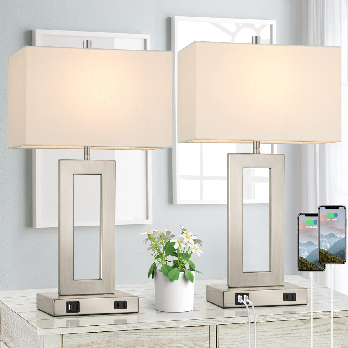 TOBUSA 22" Table Lamp Set of 2, Modern Nightstand Lamp with 2 USB Ports