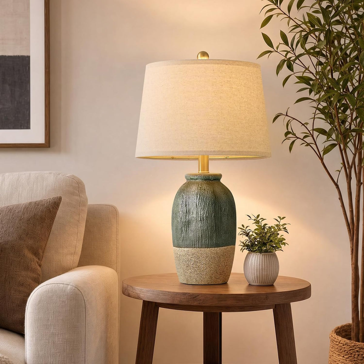 22.5" Green Ceramic Table Lamps for Bedroom, Boho Nightstand Lamp