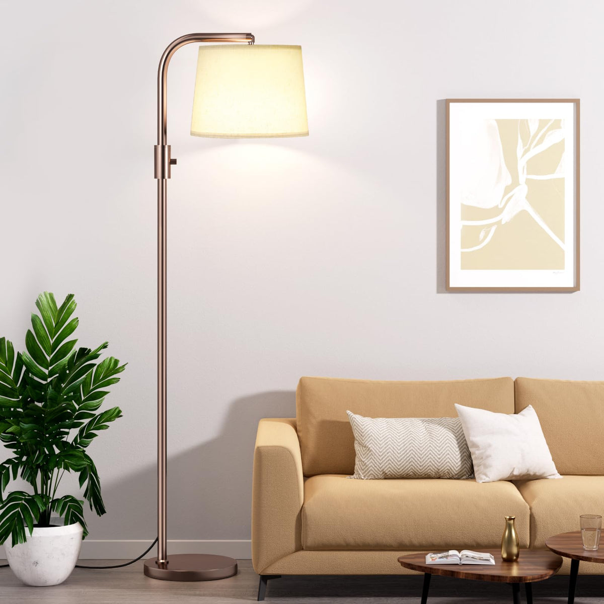 Ambimall Arc Floor Lamp for Living Room with Rotary Switch, Linen Shade