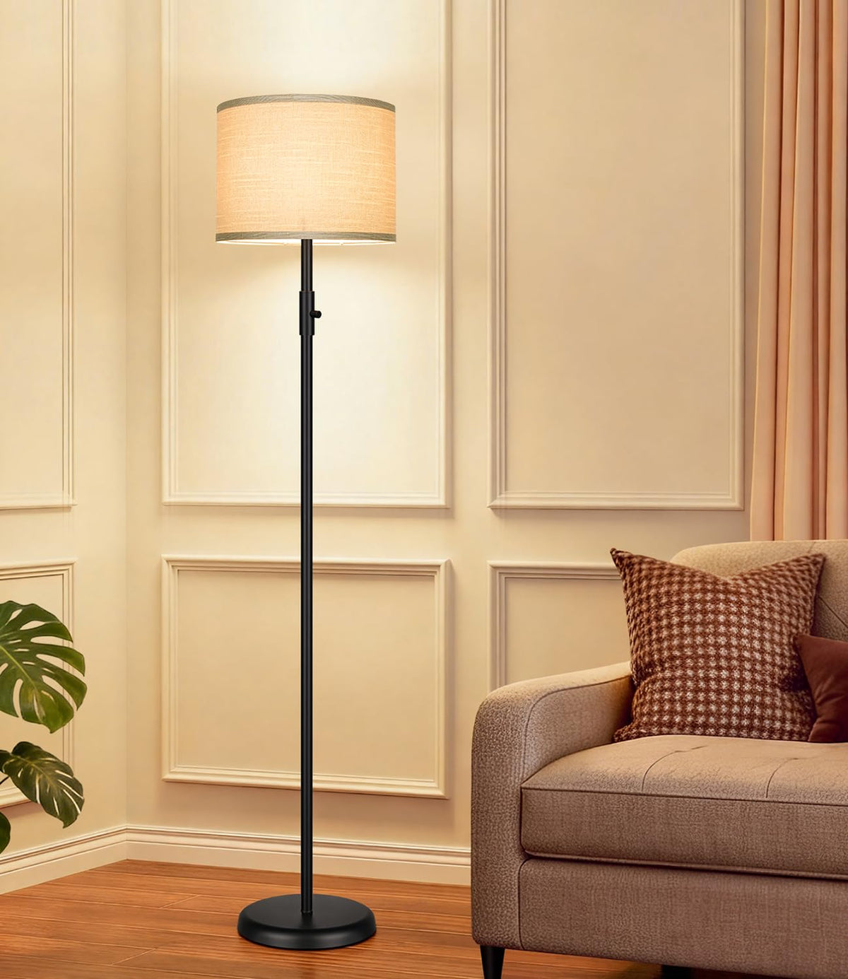 【Upgraded】 Dimmable Floor Lamp for Living Room,1000 Lumens Bulb Included, Modern Floor Lamps Simple Design with Linen Shade, Tall Standing Lamp for Bedroom Office Dining Room, Black Pole Lamp
