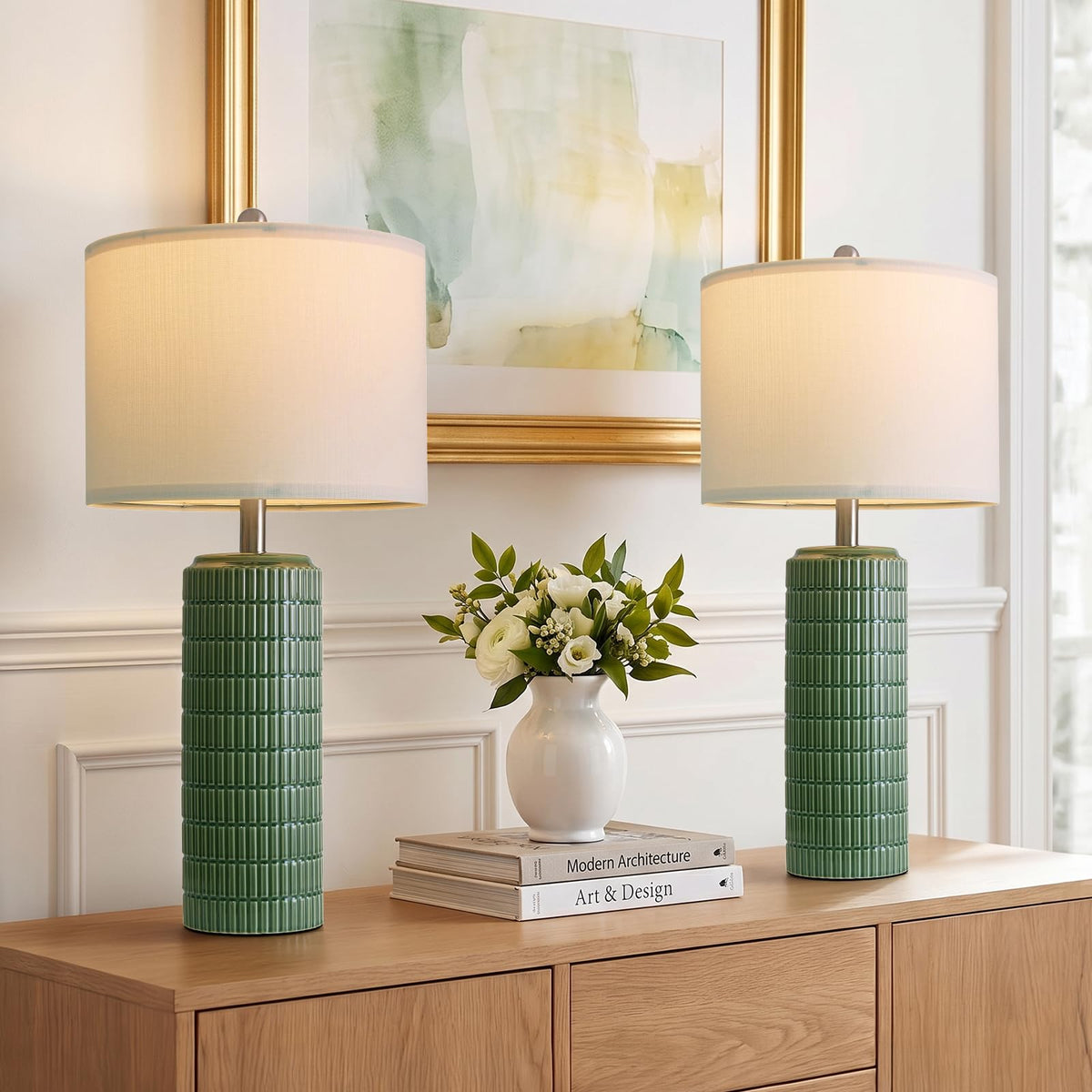 PoKat 23" Modern Ceramic Table Lamp Set of 2 for Living Room Bedroom, White