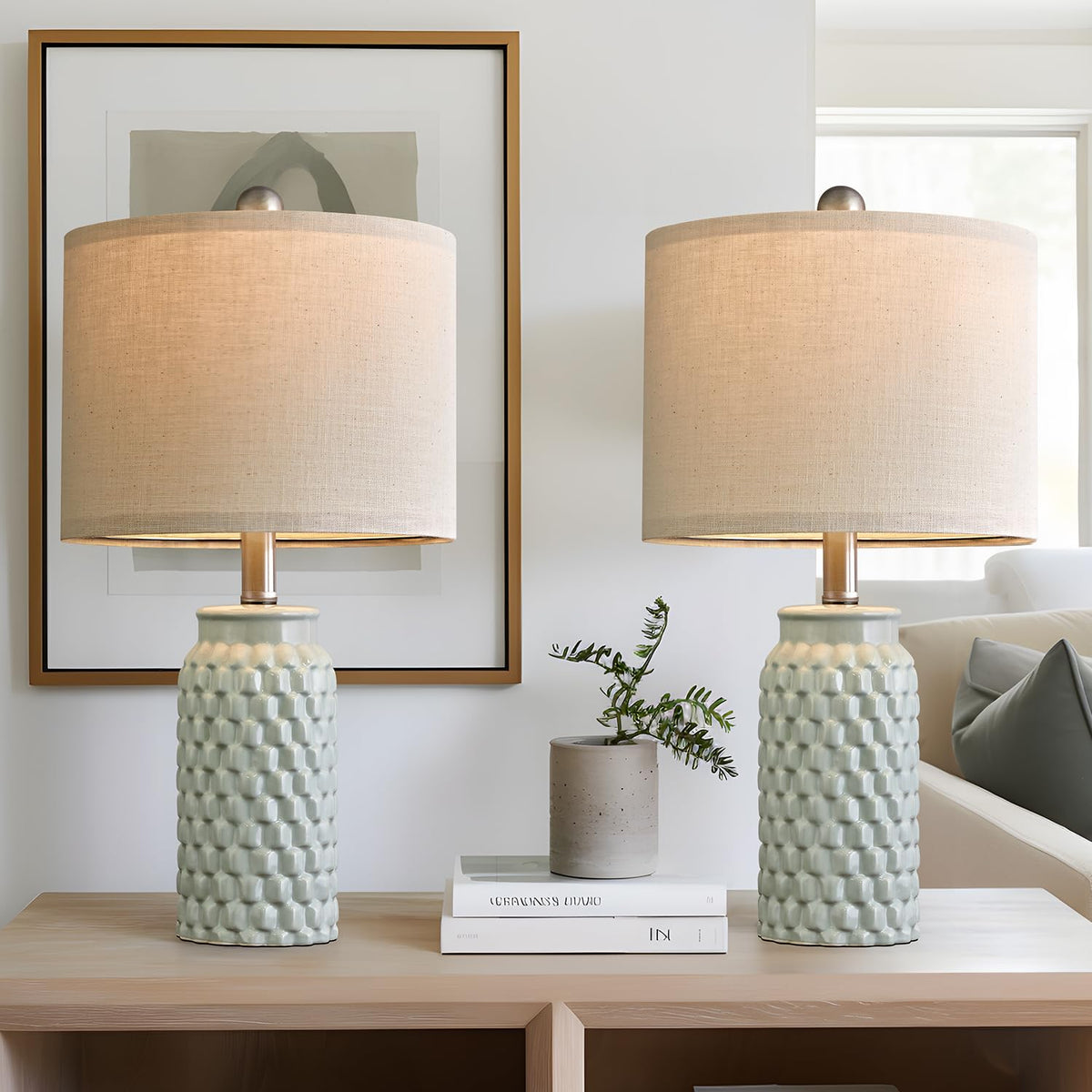 USumkky 20.5" White Modern Ceramic Bedside Lamps Set of 2, Small Table Lamp for Bedroom Decor Farmhouse Nightstand Lamp for Living Room Office