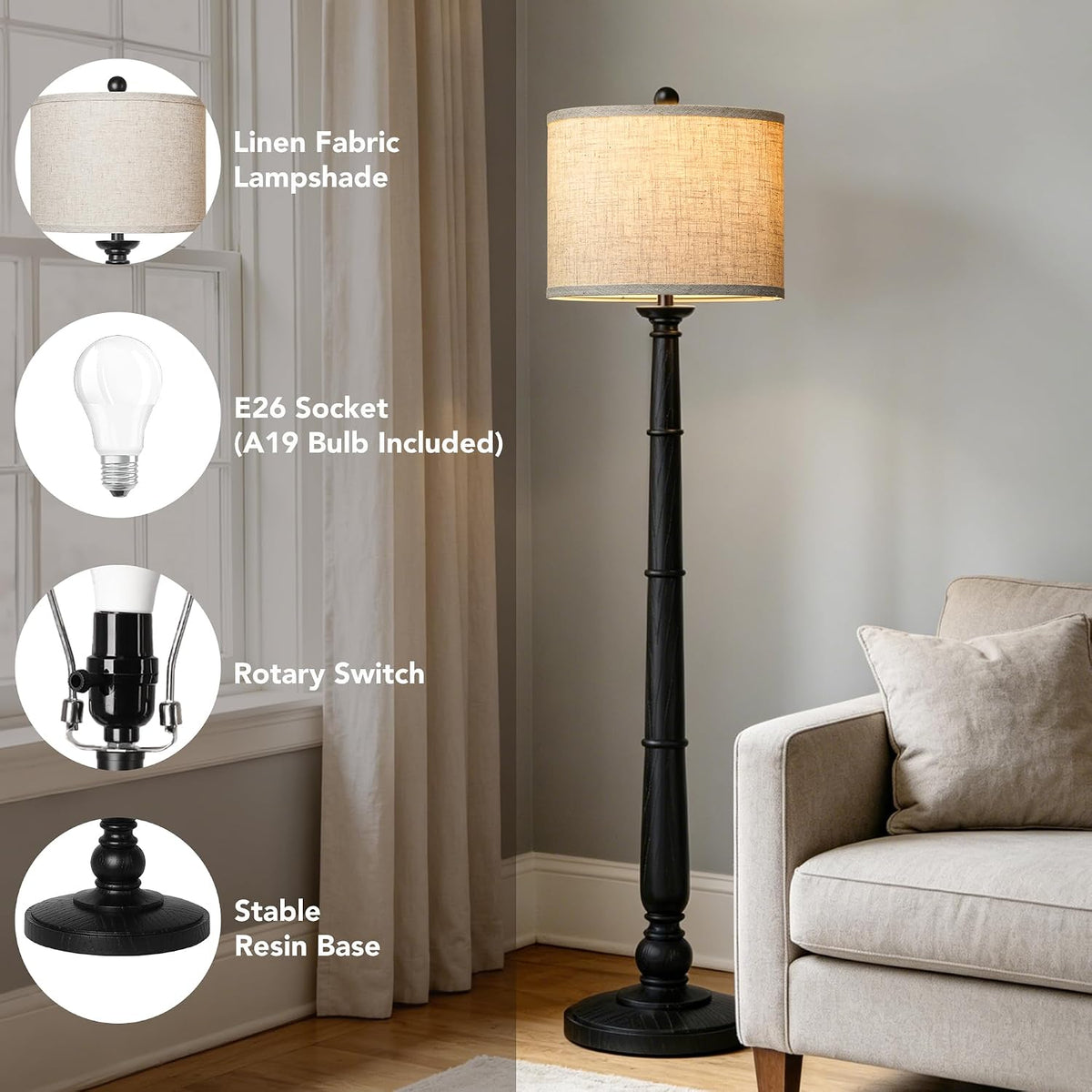 61'' Vintage Floor Lamp for Living Room, Rustic Farmhouse Tall Standing Lamp with 3 Color Temperatures, Retro Reading Pole Lamps with Linen Shade for Bedroom Office Home Decor, Black(Bulb Included)