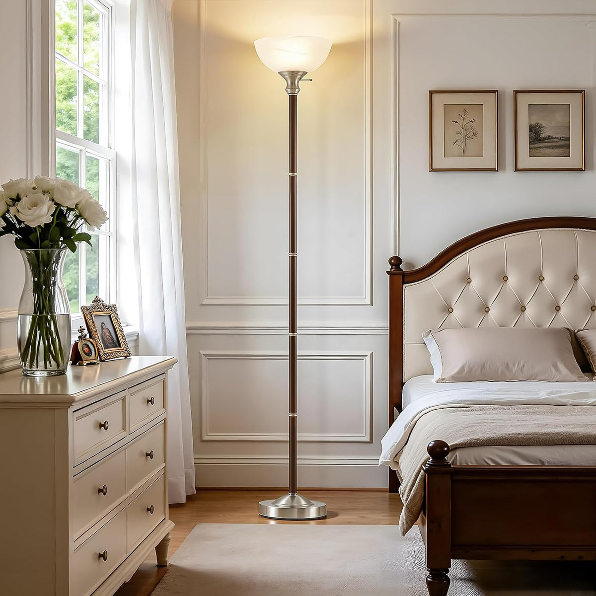 EJIAXIN 72" Wood Torchiere Floor Lamp with Glass Shade Walnut Standing Lamp