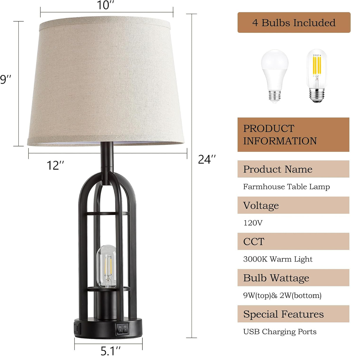 SRJJA 24" Farmhouse Table Lamps for Living Room Bedroom Set of 2, USB A+C