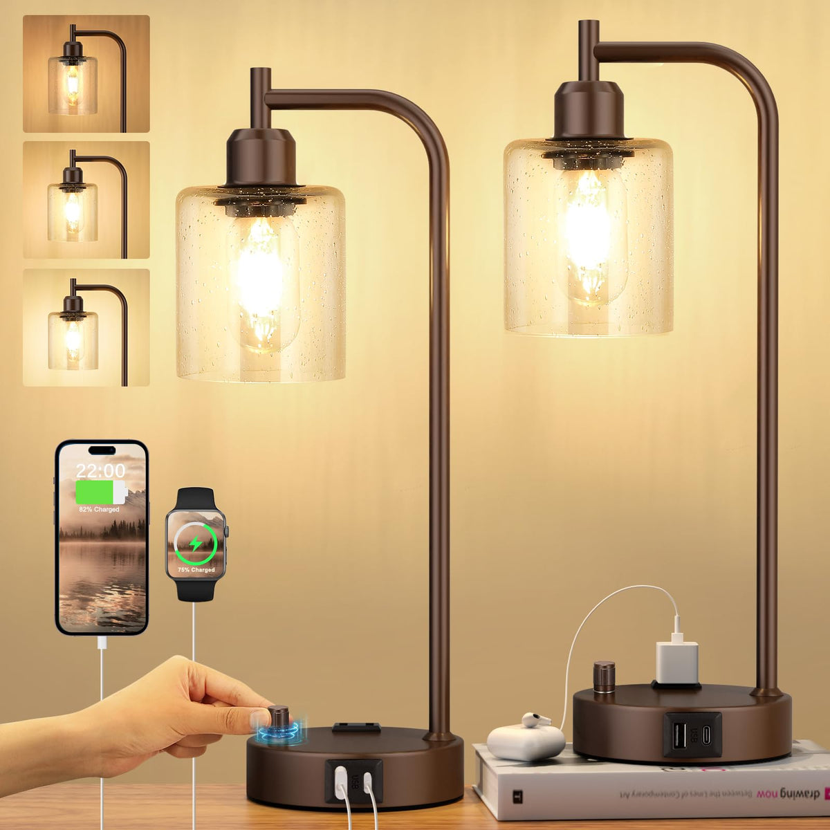 Industrial Bedside Lamps Set of 2, Fully Dimmable Desk Lamps for Bedroom