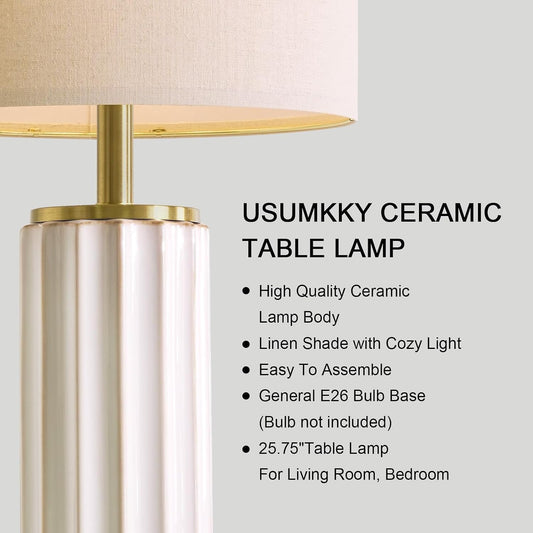 USumkky 25.75" Off-White Ceramic Table Lamp Set of 2, Mid Century Modern Bedside Nightstand Lamps for Bedroom Living Room, Linen Shade & Gold Metal Base, Rotary Switch E26 (Bulbs Excluded)