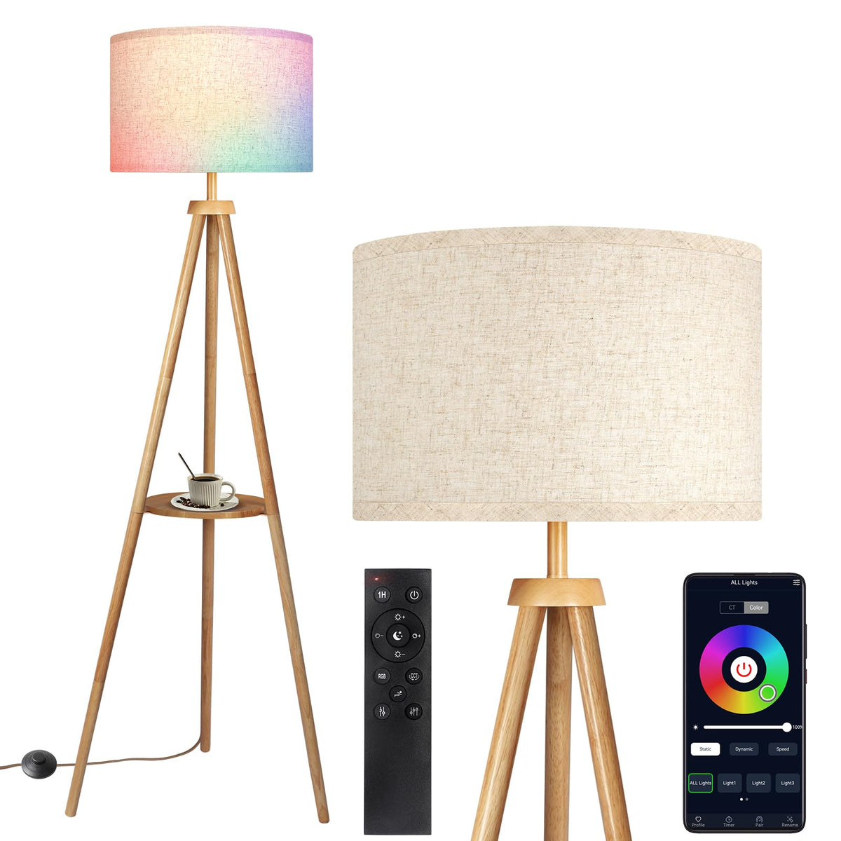 OUTON Wood Tripod Floor Lamp with Shelves, Mid Century Floor Lamp with Remote Control,4 Color Temperature, LED Modern Dimmable Standing Lamp with Beige Linen Shade for Living Room, Bedroom, Office