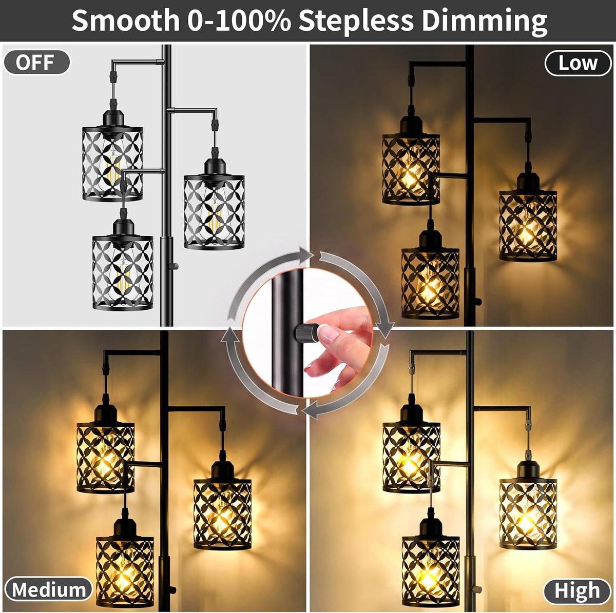68" Industrial Tree Floor Lamp, Dimmable Farmhouse Tall Standing Lamp with Quatrefoil Cutout Shades & Rotary Dimmer Knob, Corner Light for Living Room Bedroom, 3 x800LM Bulbs Included-Black