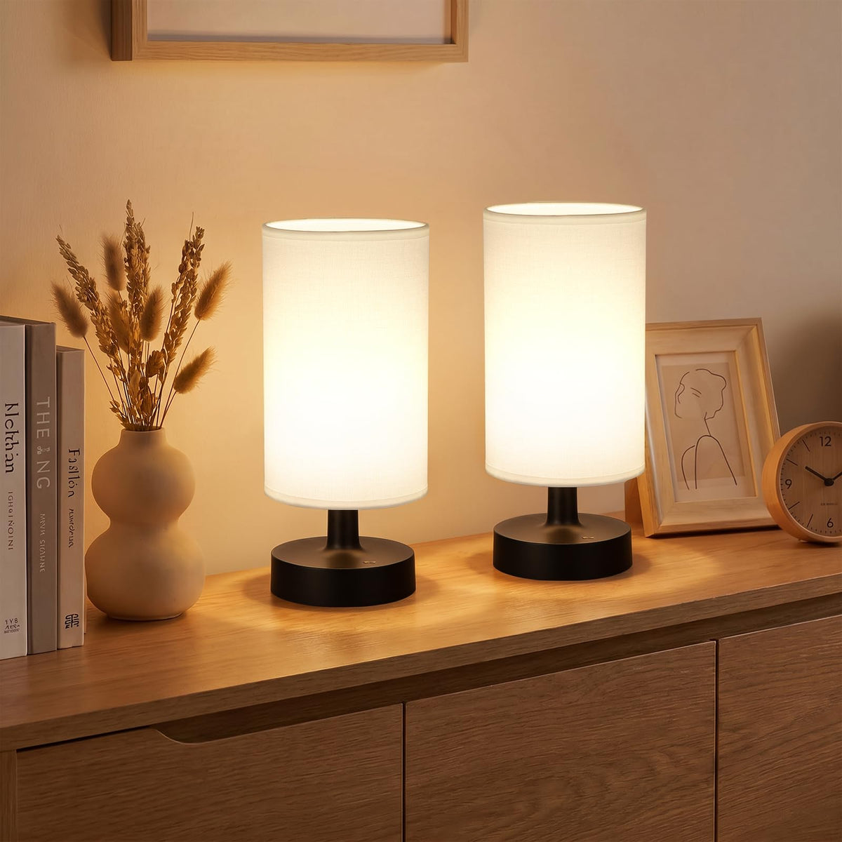 Kakanuo Cordless Table Lamp Rechargeable Small - 2 Pack Beige Wood, 4000mAh Battery Operated Lamp with Touch Control Stepless Dimming, Wireless Lamp for Bedside, Nightstand, Bedroom, Living Room