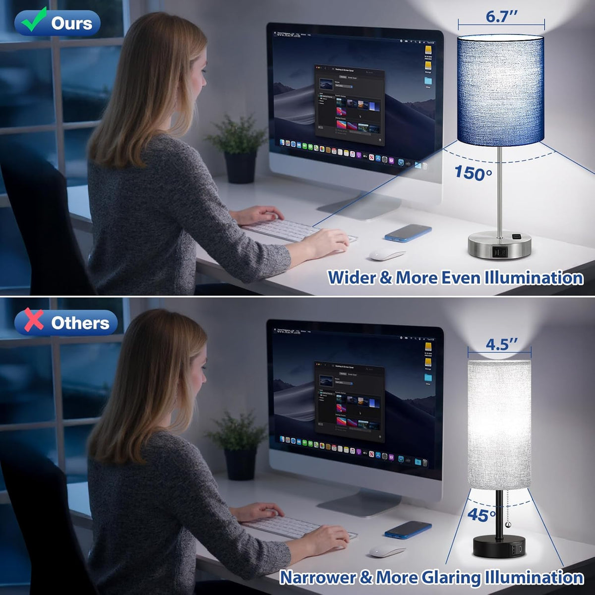 Fenmzee Touch Lamps for Bedroom Set of 2 - Dimmable, USB C+A, AC Outlet