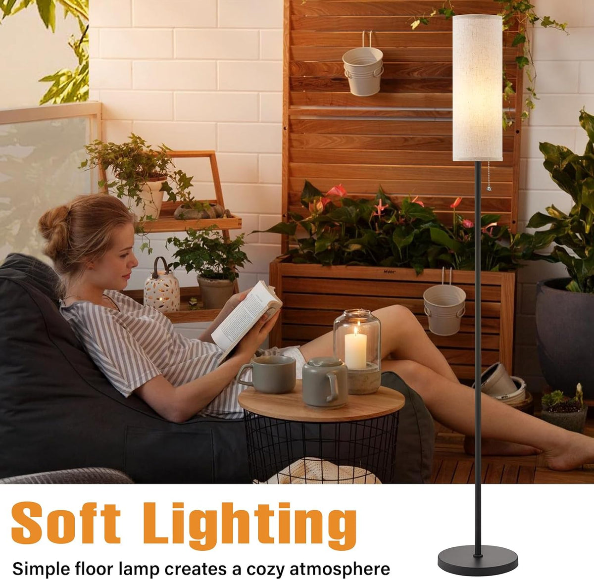 Ambimall 64" Floor Lamp with 9W LED Bulb & Beige Lampshade