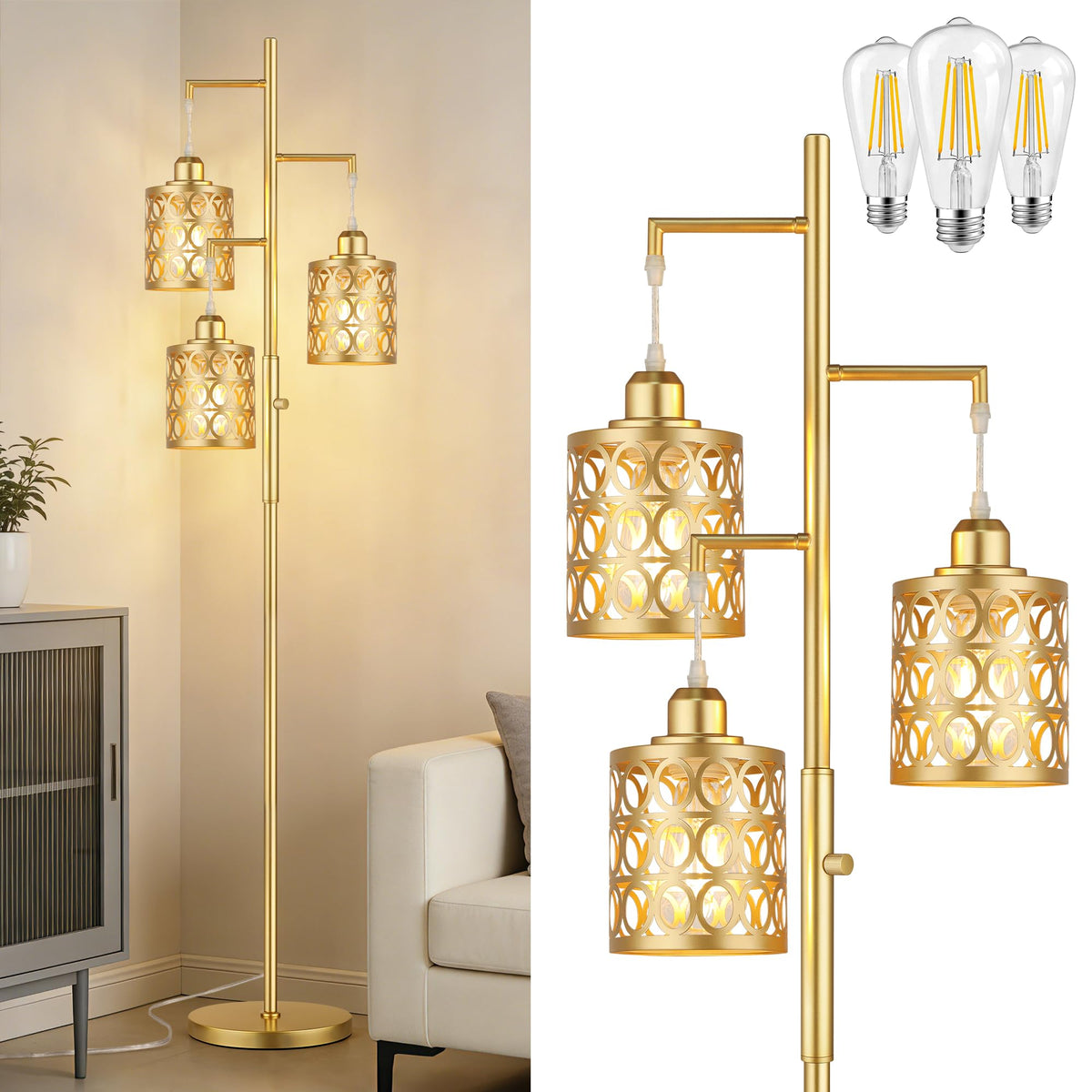 QiMH 68" Gold Floor Lamp for Living Room, Industrial Tree Tall Lamps