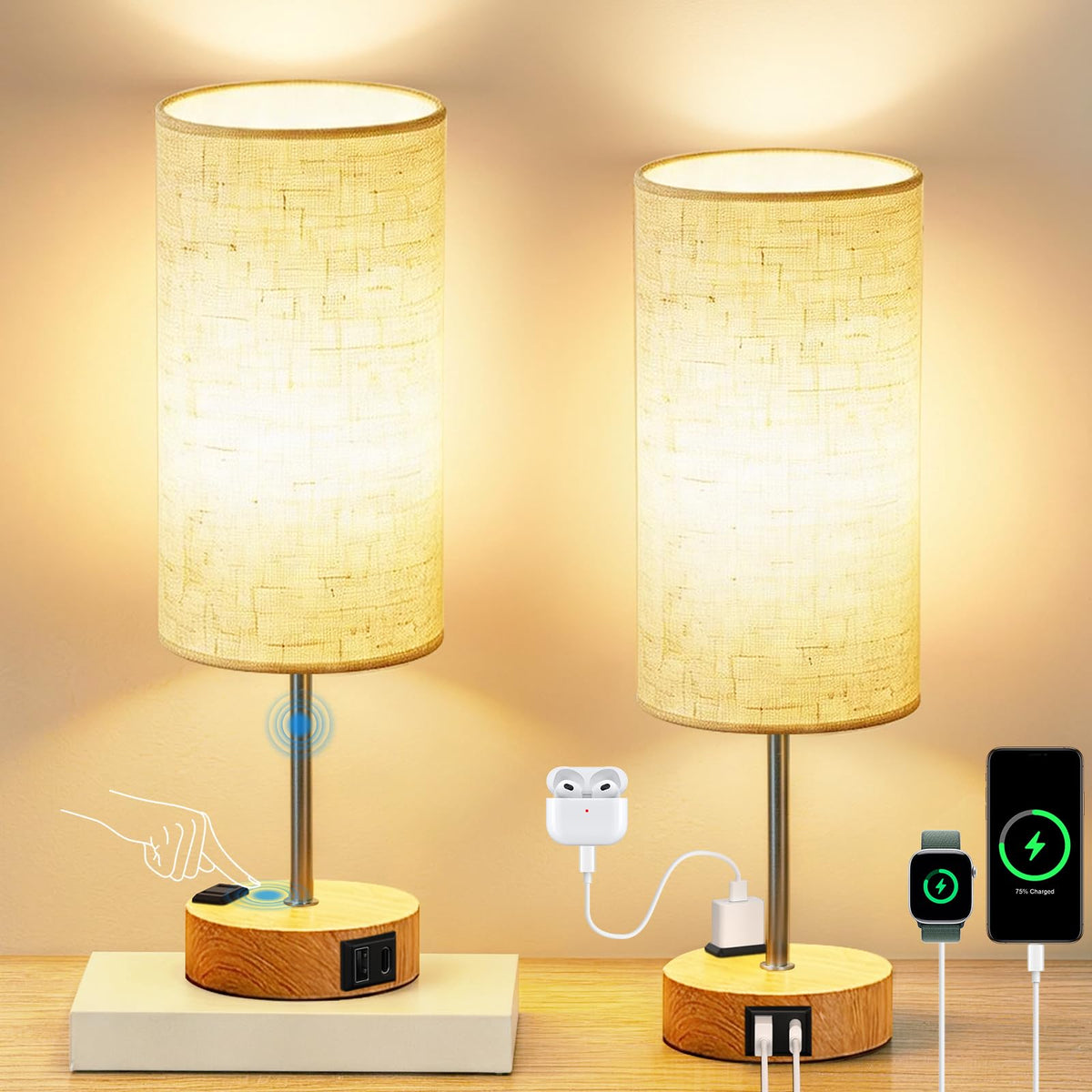 Table Lamp for Bedroom, High-Sensitivity Touch, AC Outlet, USB A+C