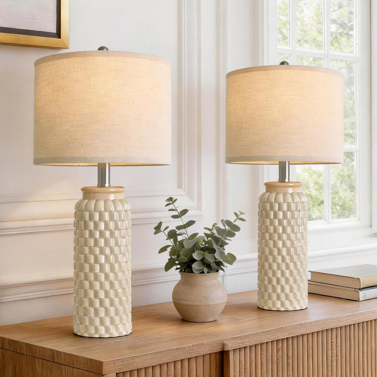 USumkky 20.5" White Modern Ceramic Bedside Lamps Set of 2, Small Table Lamp for Bedroom Decor Farmhouse Nightstand Lamp for Living Room Office