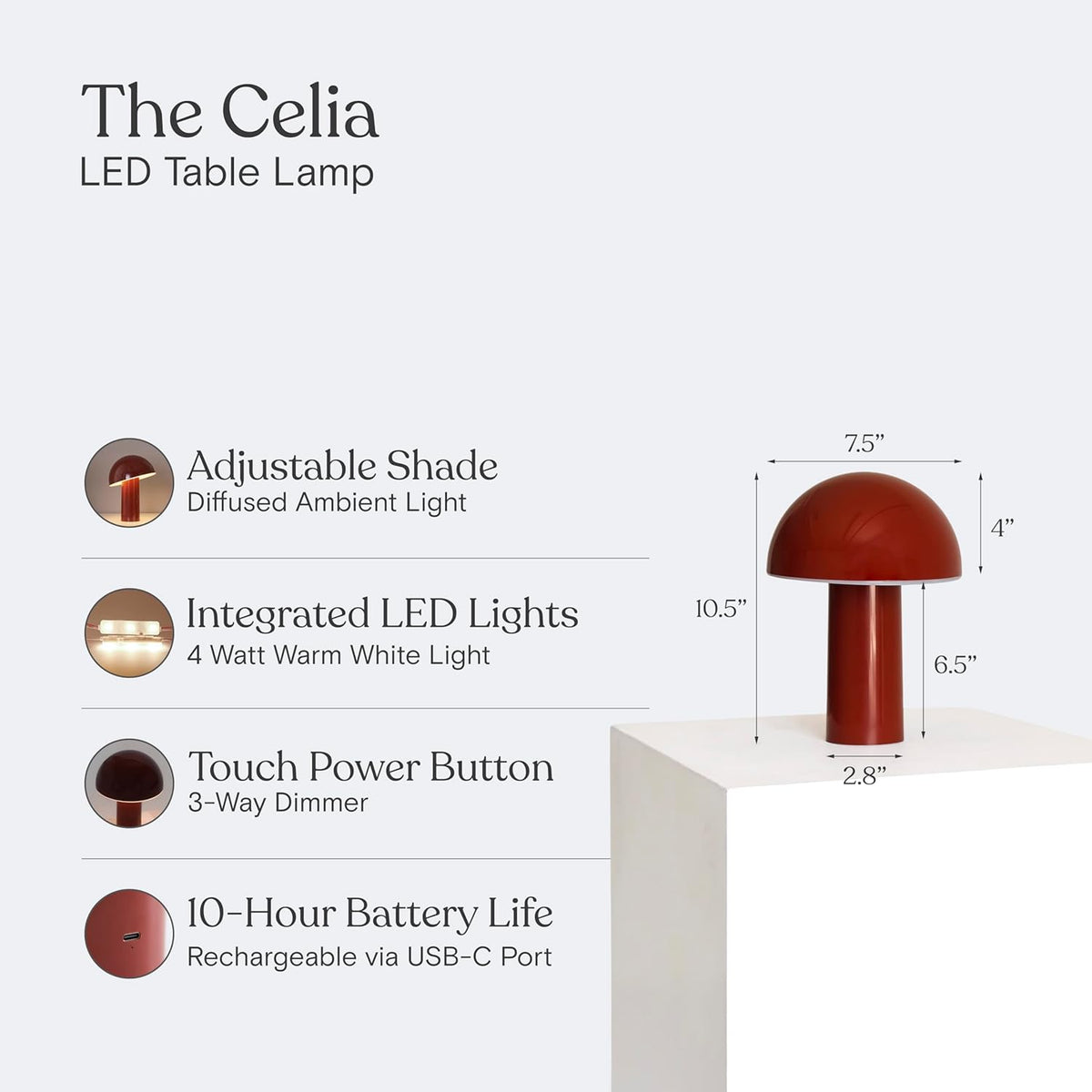 Brightech Celia Table Lamp – 10" Touch-Controlled Mushroom Accent Lamp, Cordless & Dimmable LED, Portable & Rechargeable Bedside Night Light, Sustainable Recycled Modern Patio Lamp for Home Décor, Red