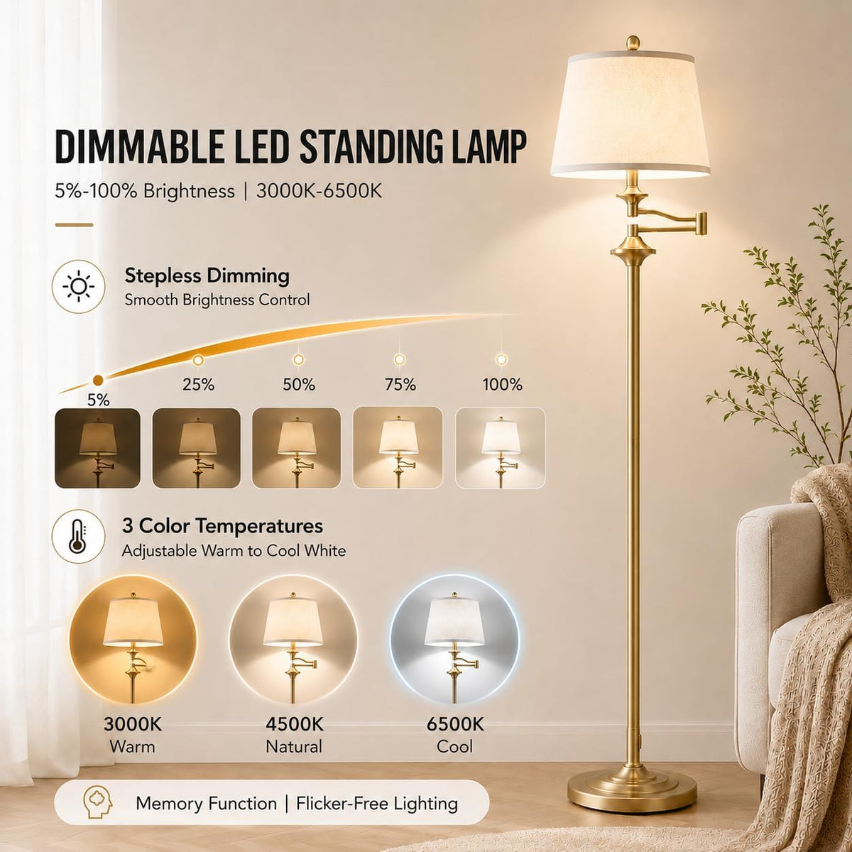 Wio-Mio Vintage Gold Floor Lamp, 350° Adjustable Swing Arm for Living Room