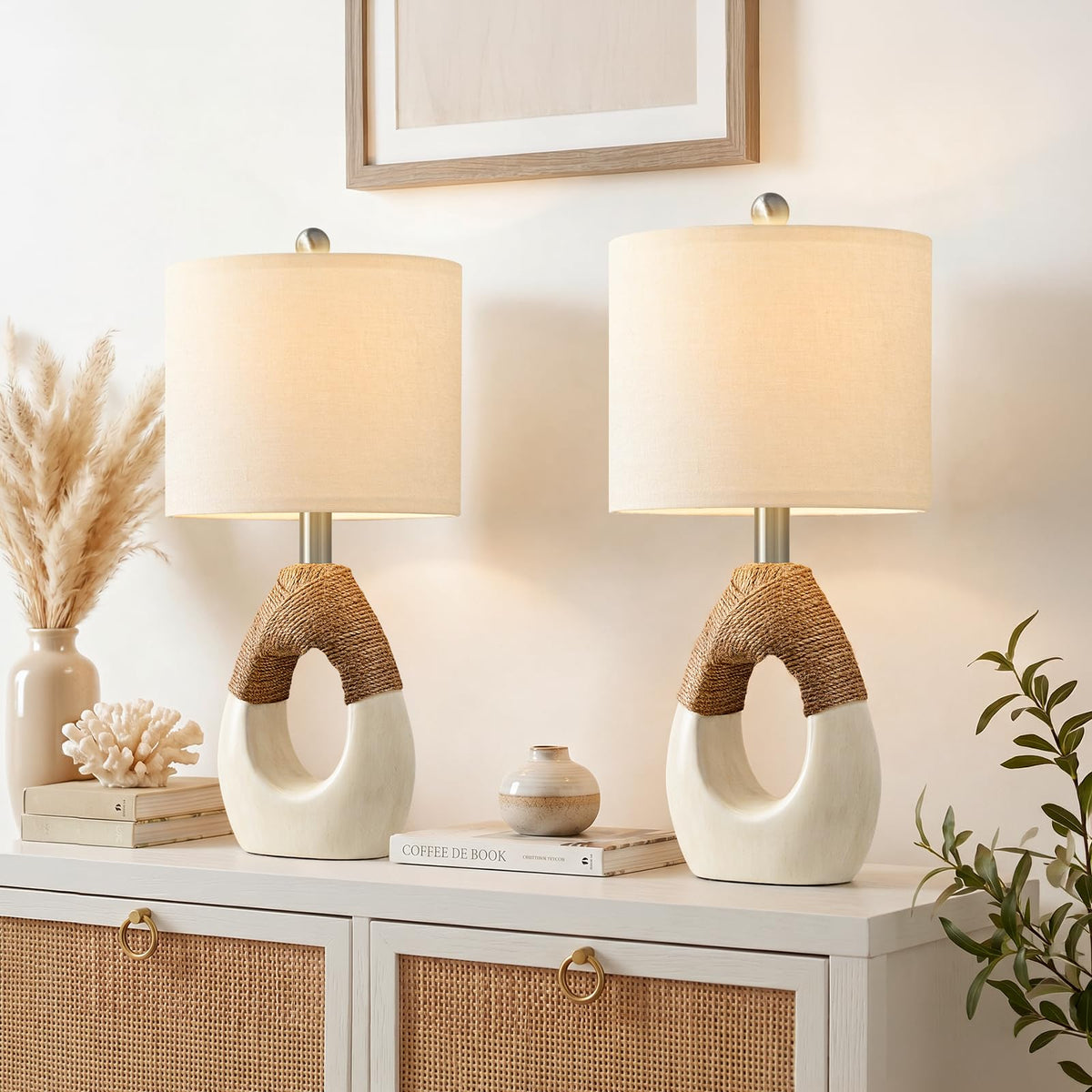 OYEARS 19” Boho Table Lamps Bedroom Living Room,Suitable for Small Space,Farmhouse Rattan Lamp Rustic Egg Design Resin Nightstand Bedside Lamps for Bedroom Living Room Office Study Rest Decor