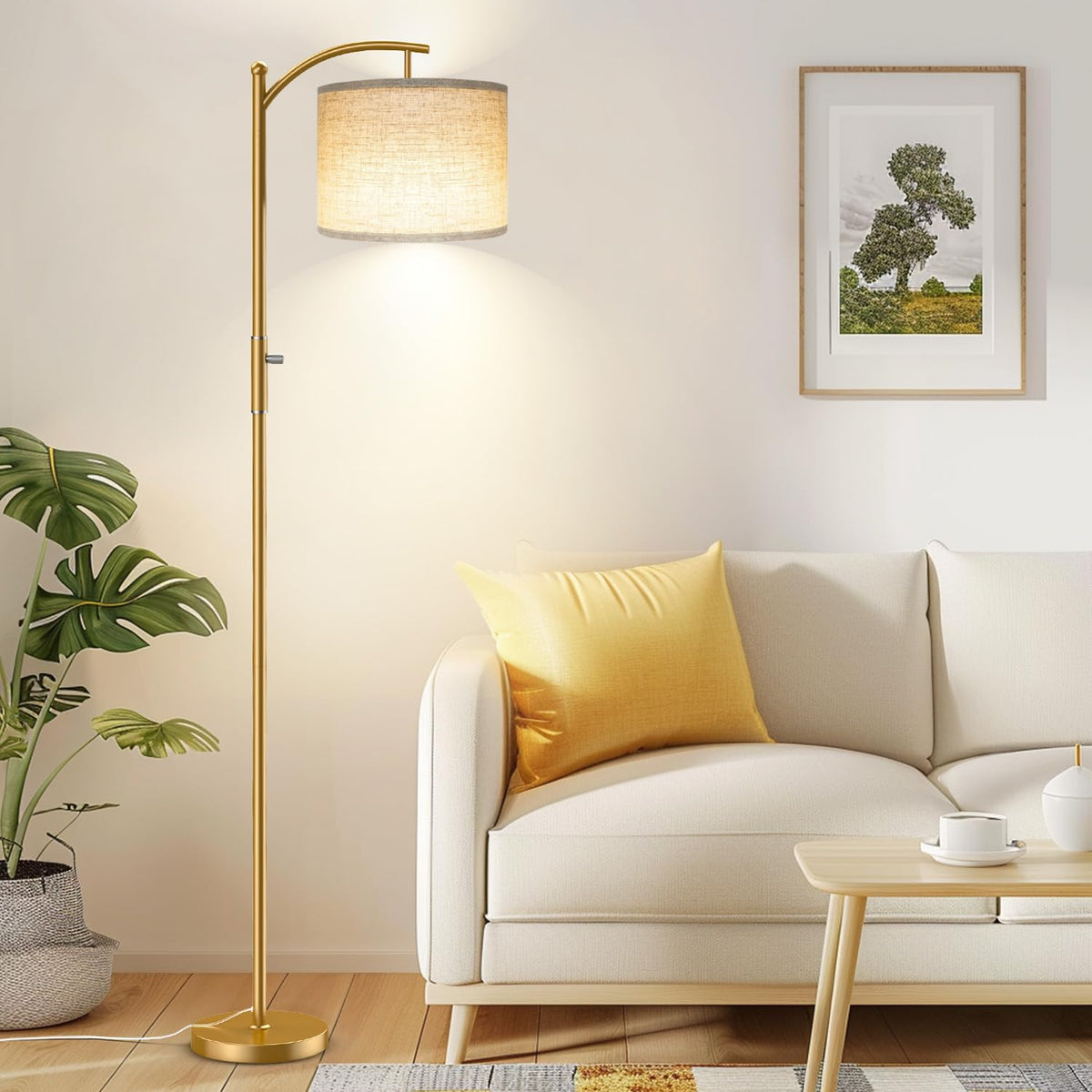 ROTTOGOON Dimmable Floor Lamp, Arc Floor Lamps for Living Room, Stepless Dimming Modern Standing Lamp with Linen Shade, Tall Lamp for Bedroom Office Dining Room- Black